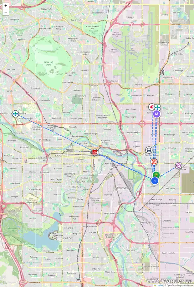 Daily accessibility map for 3211 31A AV SE, Calgary showing nearby schools, grocery stores, parks, LRT stations and nearby amenities