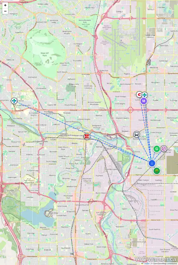 Daily accessibility map for 3308 DOVERCLIFFE RD SE, Calgary showing nearby schools, grocery stores, parks, LRT stations and nearby amenities