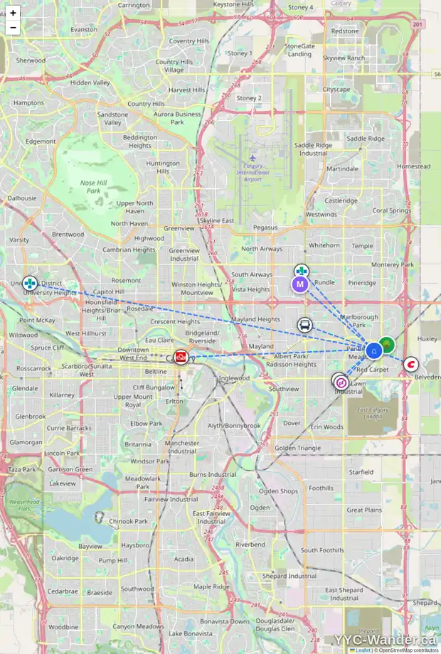 Daily accessibility map for 6615 4 AV SE, Calgary showing nearby schools, grocery stores, parks, LRT stations and nearby amenities