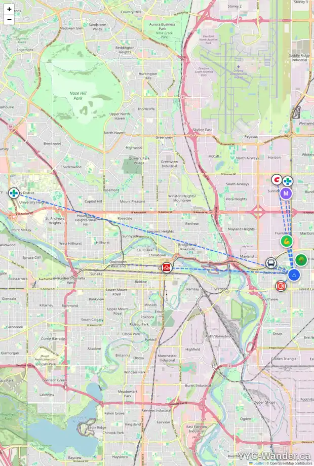 Daily accessibility map for 1113 37 ST SE, Calgary showing nearby schools, grocery stores, parks, LRT stations and nearby amenities
