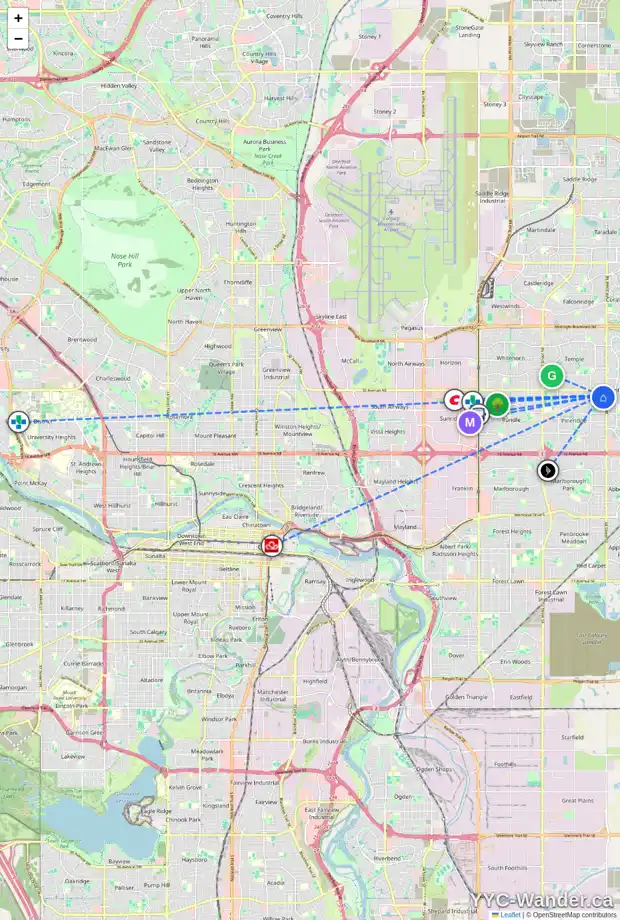 Daily accessibility map for 159 PINECLIFF WY NE, Calgary showing nearby schools, grocery stores, parks, LRT stations and nearby amenities