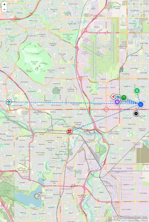 Daily accessibility map for 5843 22 AV NE, Calgary showing nearby schools, grocery stores, parks, LRT stations and nearby amenities
