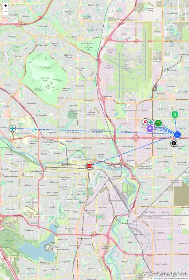 Daily accessibility map for 1819 56 ST NE, Calgary showing nearby schools, grocery stores, parks, LRT stations and nearby amenities