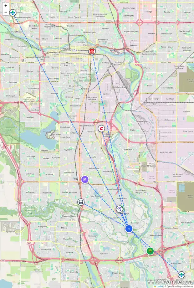 Daily accessibility map for 63 DEERBOW PL SE, Calgary showing nearby schools, grocery stores, parks, LRT stations and nearby amenities