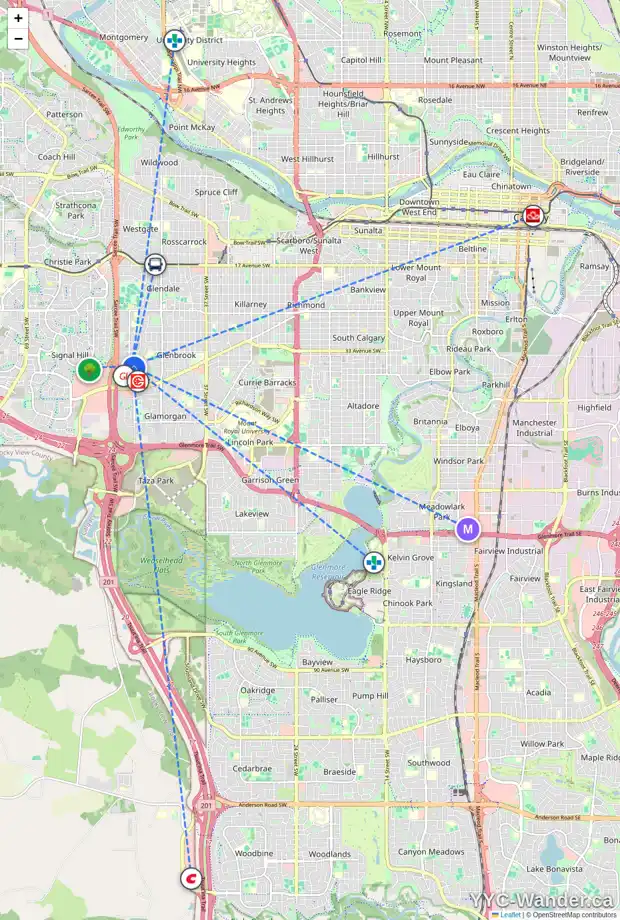 Daily accessibility map for 29 3620 51 ST SW, Calgary showing nearby schools, grocery stores, parks, LRT stations and nearby amenities