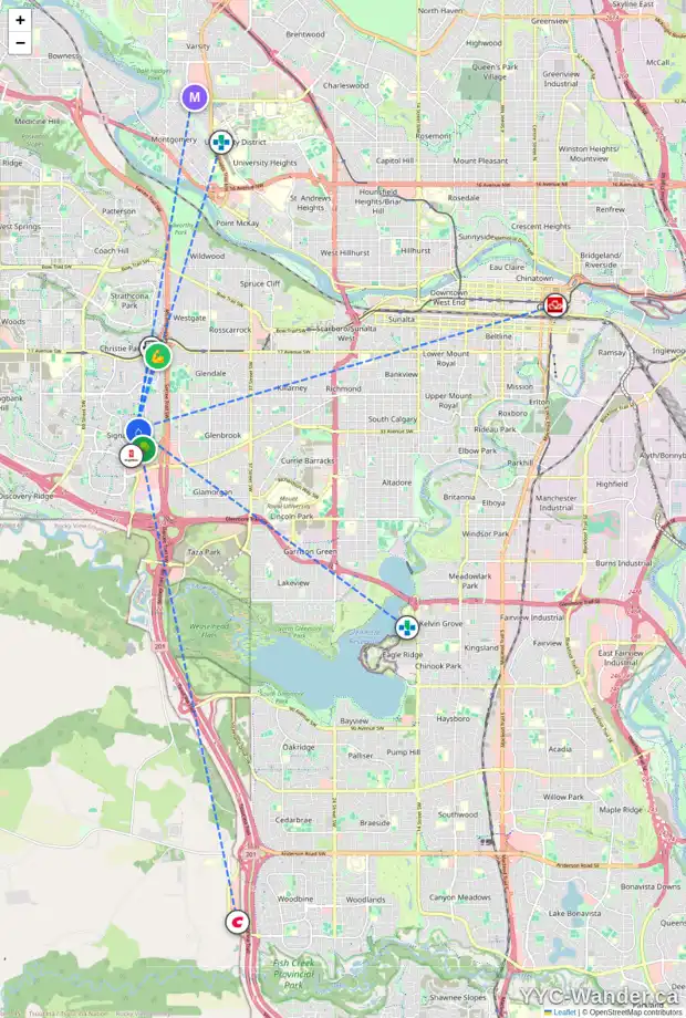 Daily accessibility map for 56 SIENNA HILLS CO SW, Calgary showing nearby schools, grocery stores, parks, LRT stations and nearby amenities