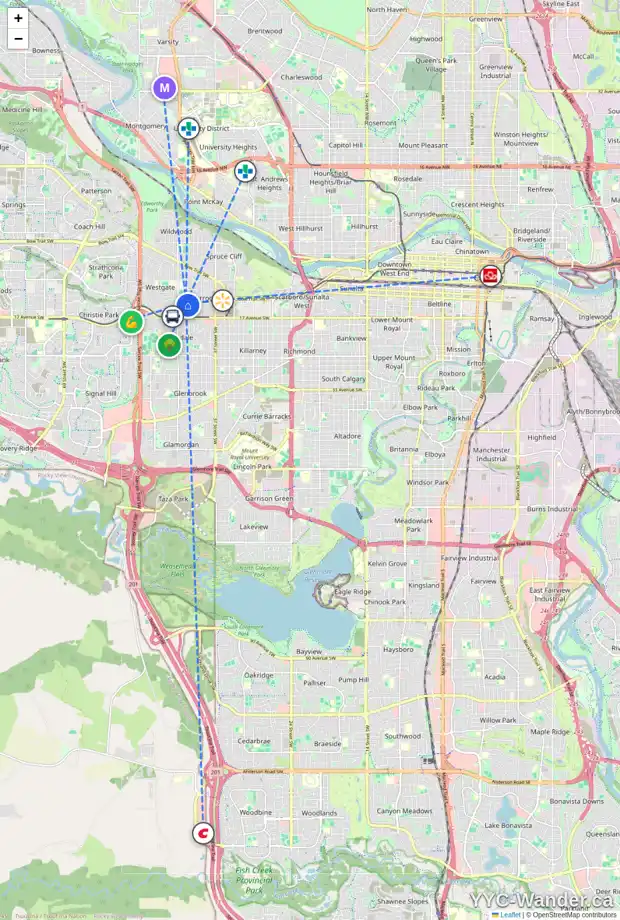 Daily accessibility map for 1425 43 ST SW, Calgary showing nearby schools, grocery stores, parks, LRT stations and nearby amenities