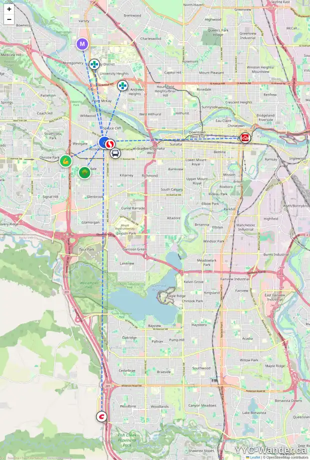 Daily accessibility map for 912 39 ST SW, Calgary showing nearby schools, grocery stores, parks, LRT stations and nearby amenities