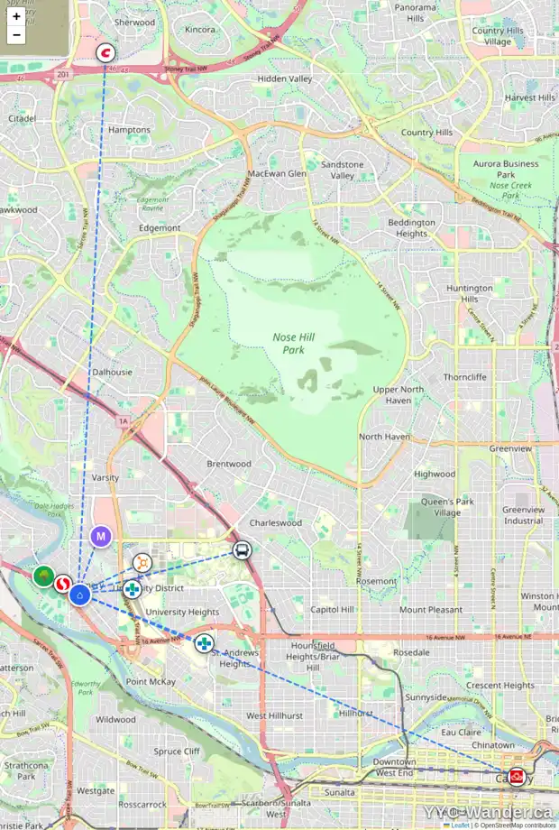 Daily accessibility map for 4739 BOWNESS RD NW, Calgary showing nearby schools, grocery stores, parks, LRT stations and nearby amenities