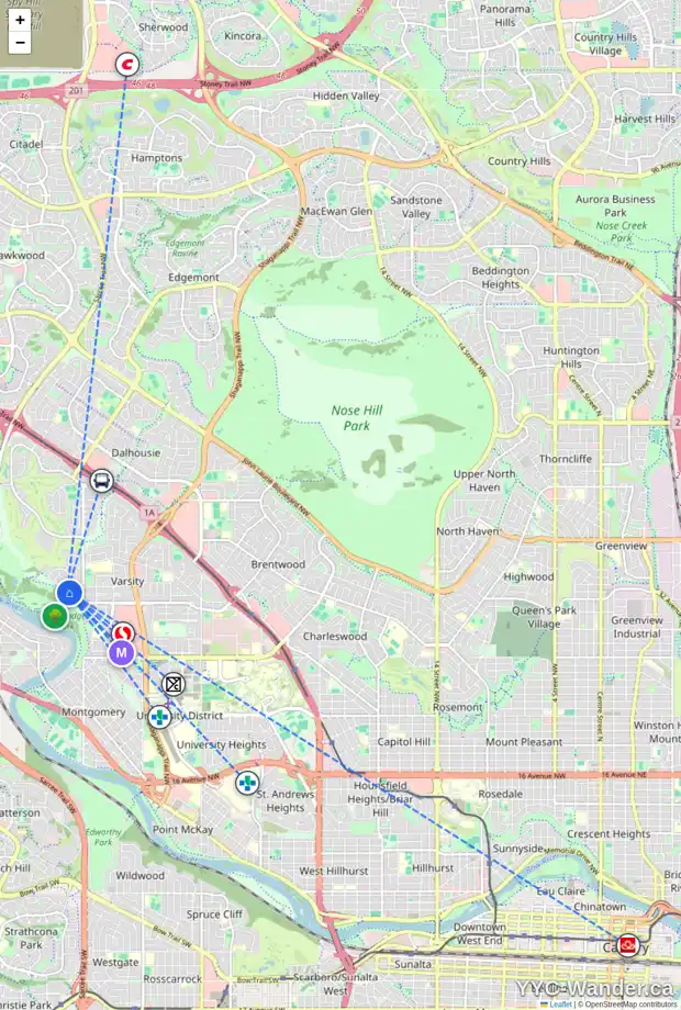 Daily accessibility map for 4107 VARSITY RD NW, Calgary showing nearby schools, grocery stores, parks, LRT stations and nearby amenities