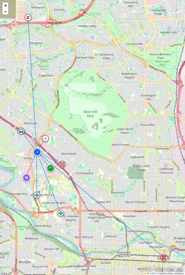 Daily accessibility map for 4307 VISCOUNT DR NW, Calgary showing nearby schools, grocery stores, parks, LRT stations and nearby amenities