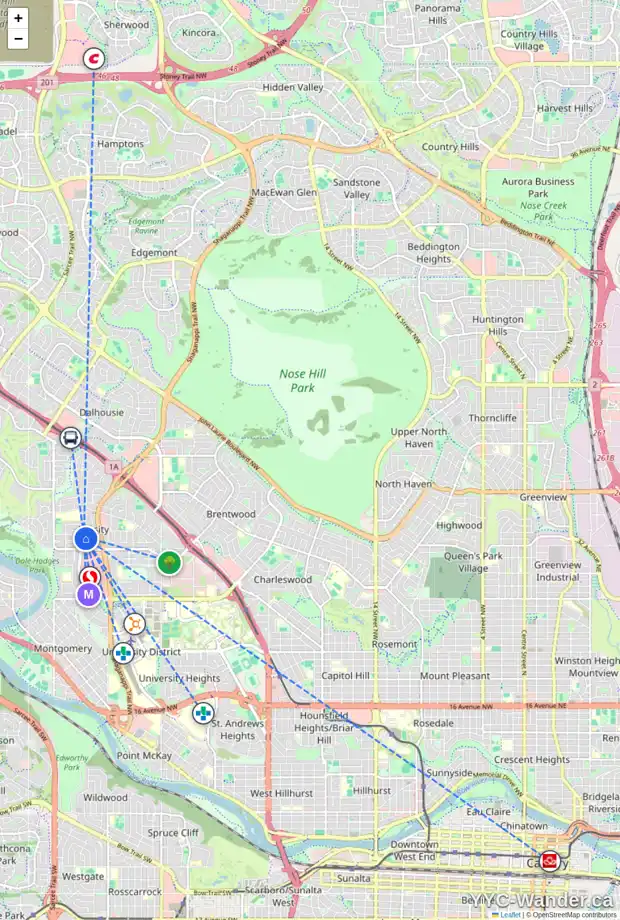 Daily accessibility map for 4935 VALIANT DR NW, Calgary showing nearby schools, grocery stores, parks, LRT stations and nearby amenities