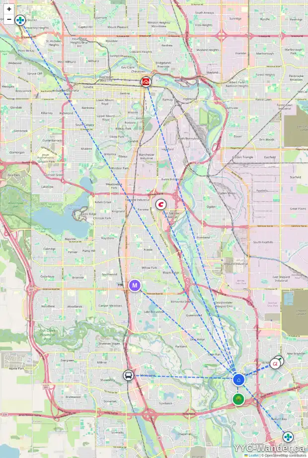 Daily accessibility map for 124 MT ROBSON CI SE, Calgary showing nearby schools, grocery stores, parks, LRT stations and nearby amenities