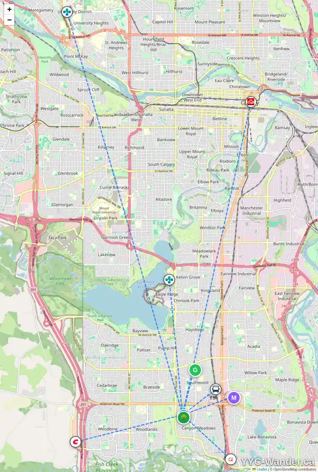 Daily accessibility map for 124 CANOVA PL SW, Calgary showing nearby schools, grocery stores, parks, LRT stations and nearby amenities