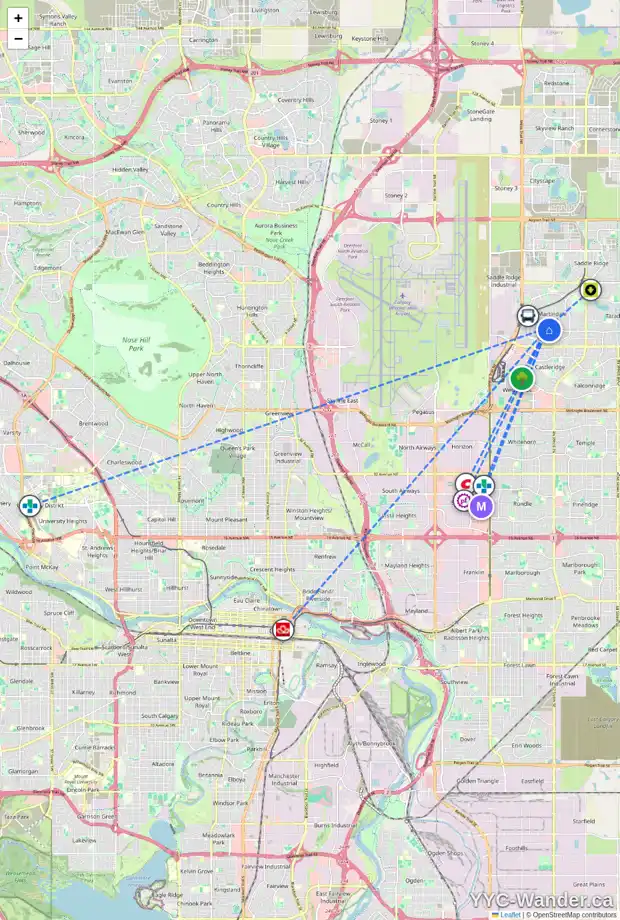 Daily accessibility map for 20 MARTINRIDGE RD NE, Calgary showing nearby schools, grocery stores, parks, LRT stations and nearby amenities
