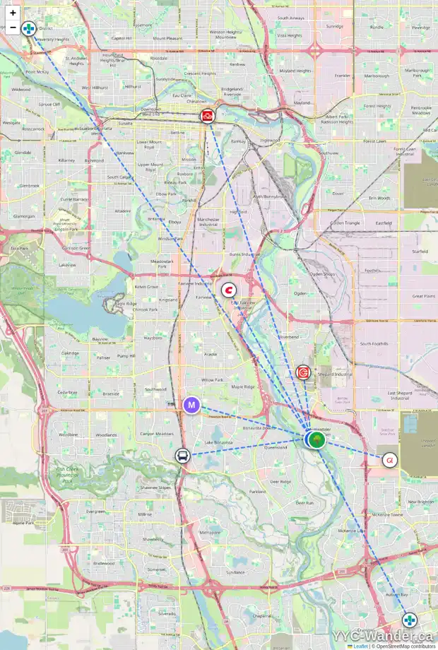 Daily accessibility map for 84 DOUGLAS SHORE CL SE, Calgary showing nearby schools, grocery stores, parks, LRT stations and nearby amenities