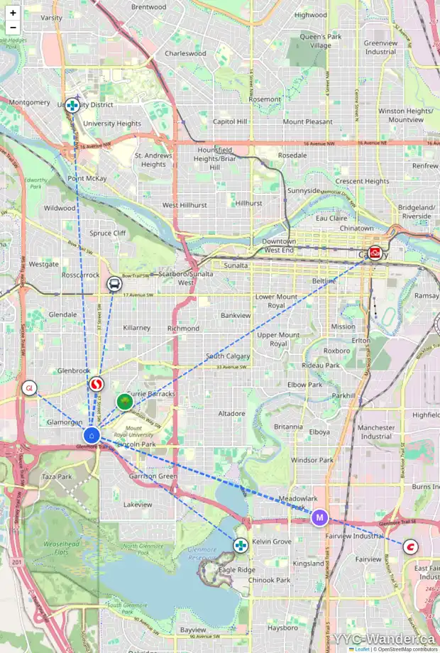Daily accessibility map for 39 GALBRAITH DR SW, Calgary showing nearby schools, grocery stores, parks, LRT stations and nearby amenities