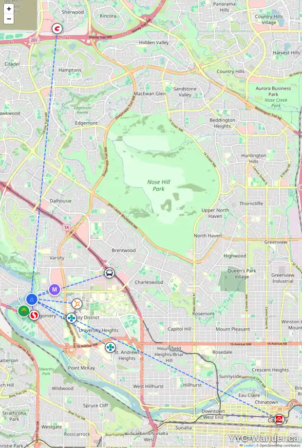Daily accessibility map for 2007 52 ST NW, Calgary showing nearby schools, grocery stores, parks, LRT stations and nearby amenities