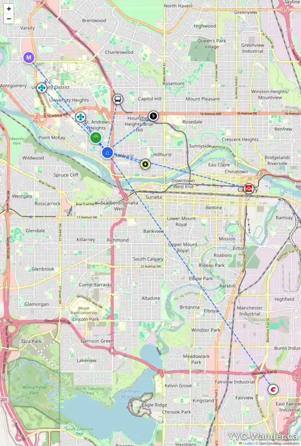 Daily accessibility map for 2602 4 AV NW, Calgary showing nearby schools, grocery stores, parks, LRT stations and nearby amenities