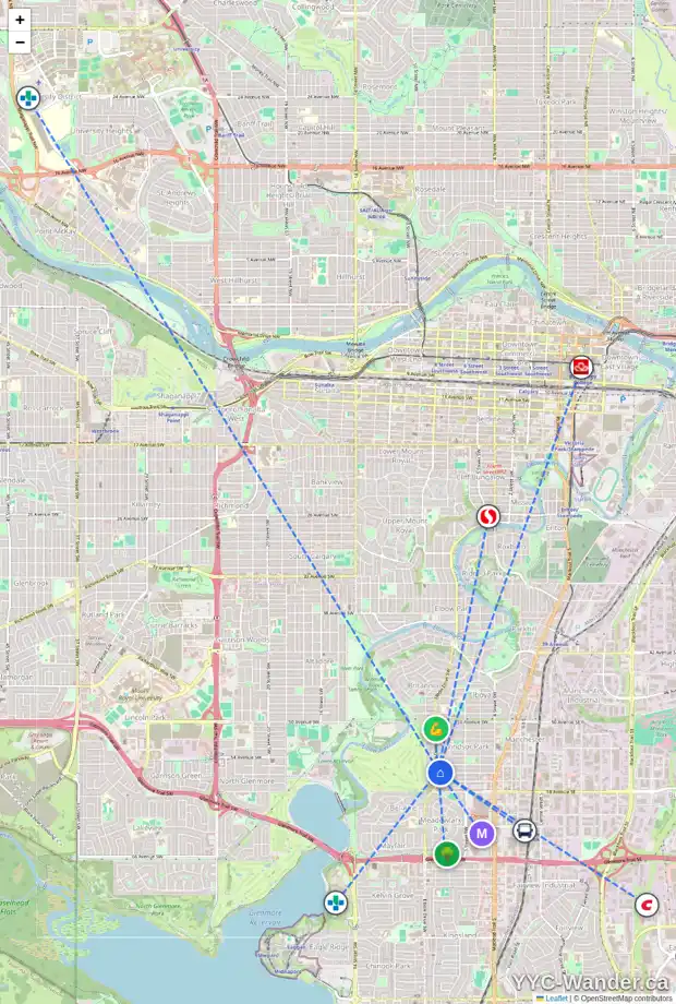 Daily accessibility map for 738 56 AV SW, Calgary showing nearby schools, grocery stores, parks, LRT stations and nearby amenities
