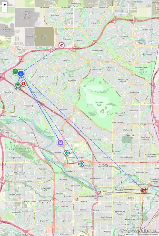 Daily accessibility map for 135 ARBOUR CREST CL NW, Calgary showing nearby schools, grocery stores, parks, LRT stations and nearby amenities
