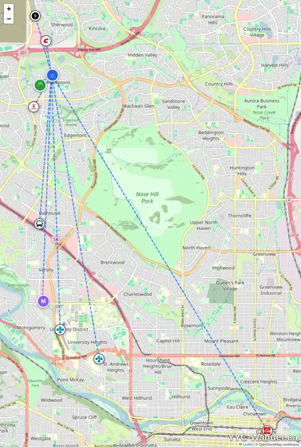 Daily accessibility map for 92 HAMPTONS CI NW, Calgary showing nearby schools, grocery stores, parks, LRT stations and nearby amenities
