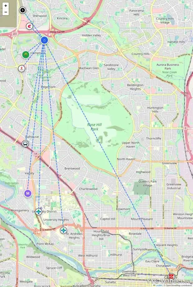 Daily accessibility map for 71 HAMPTONS BA NW, Calgary showing nearby schools, grocery stores, parks, LRT stations and nearby amenities