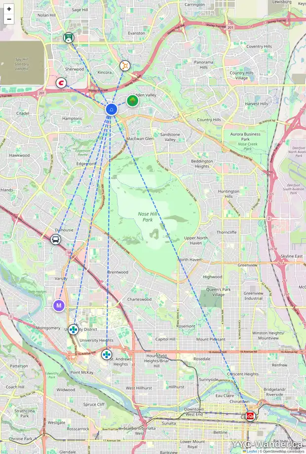 Daily accessibility map for 9 HIDDEN HILLS WY NW, Calgary showing nearby schools, grocery stores, parks, LRT stations and nearby amenities