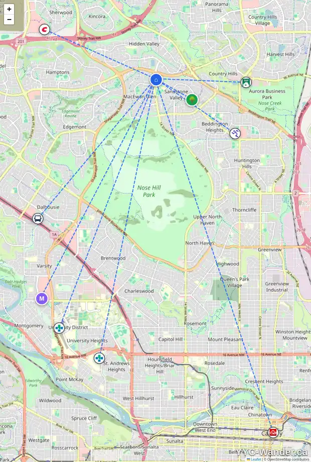Daily accessibility map for 109 388 SANDARAC DR NW, Calgary showing nearby schools, grocery stores, parks, LRT stations and nearby amenities