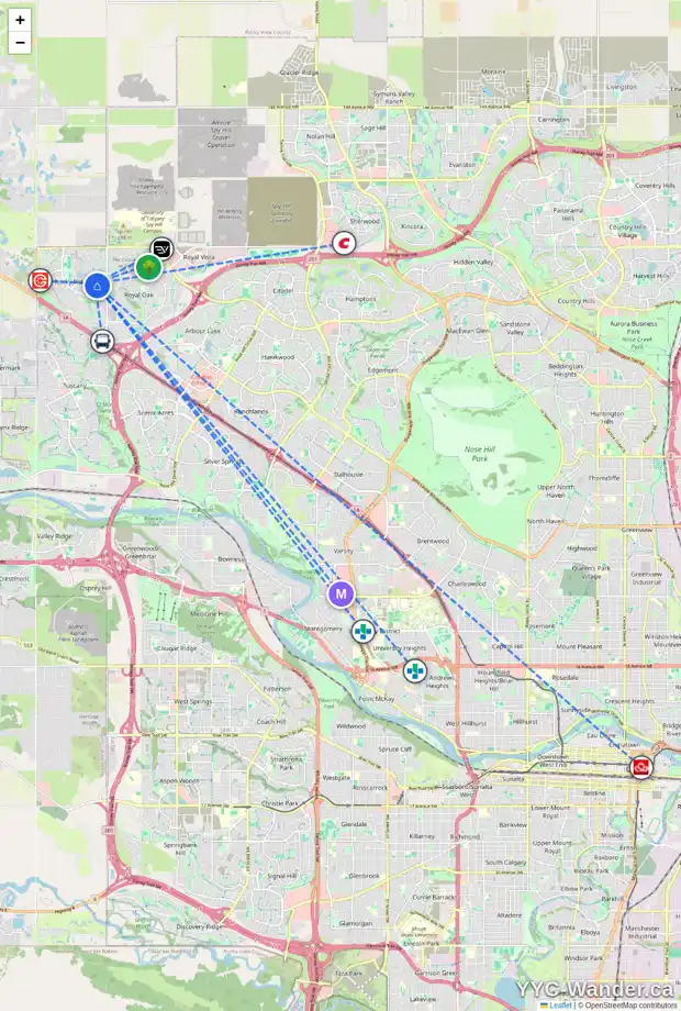 Daily accessibility map for 37 ROCKY RIDGE HT NW, Calgary showing nearby schools, grocery stores, parks, LRT stations and nearby amenities