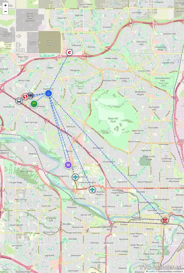 Daily accessibility map for 3208 HAWKSBROW PT NW, Calgary showing nearby schools, grocery stores, parks, LRT stations and nearby amenities