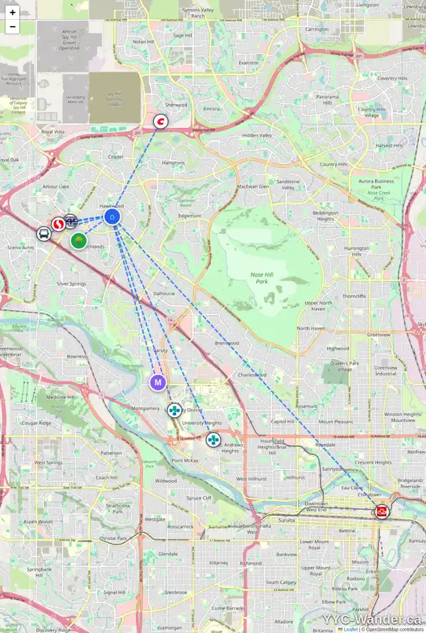 Daily accessibility map for 3512 HAWKSBROW PT NW, Calgary showing nearby schools, grocery stores, parks, LRT stations and nearby amenities