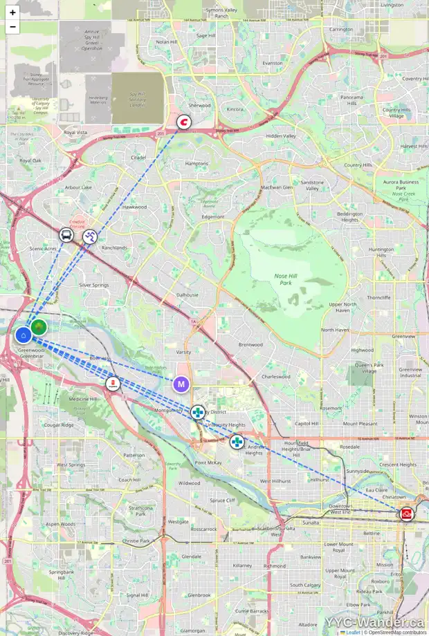 Daily accessibility map for 9400 48 AV NW, Calgary showing nearby schools, grocery stores, parks, LRT stations and nearby amenities