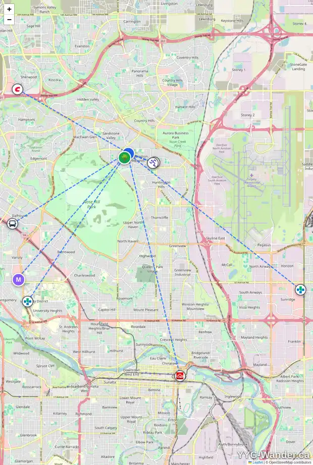 Daily accessibility map for 151 BERWICK DR NW, Calgary showing nearby schools, grocery stores, parks, LRT stations and nearby amenities