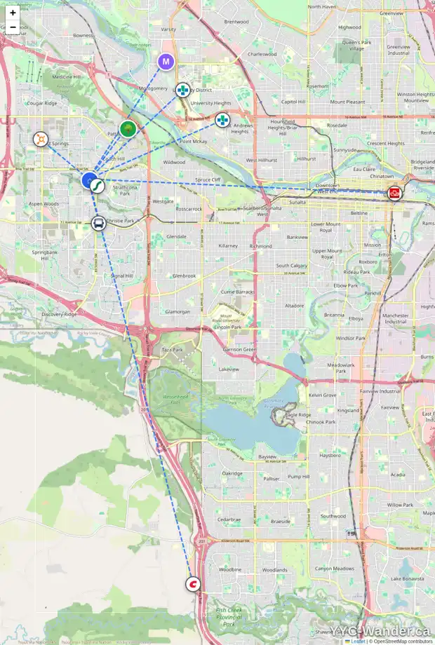 Daily accessibility map for 1219 STRATHCONA DR SW, Calgary showing nearby schools, grocery stores, parks, LRT stations and nearby amenities