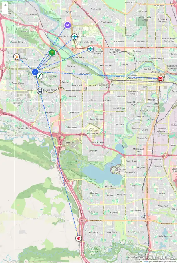 Daily accessibility map for 206 STRATHRIDGE PL SW, Calgary showing nearby schools, grocery stores, parks, LRT stations and nearby amenities