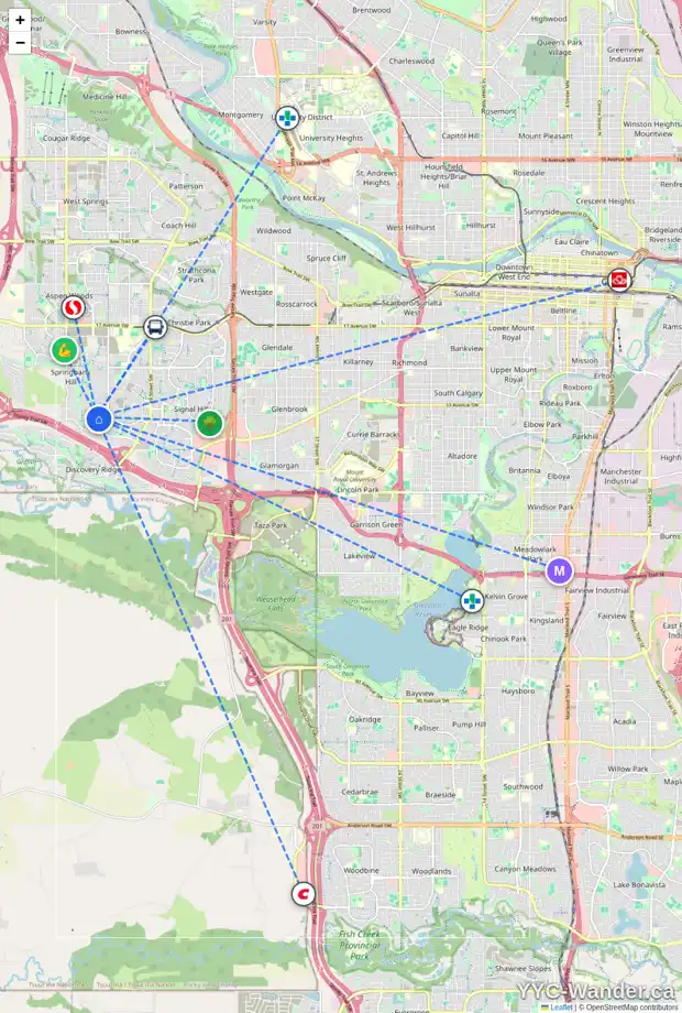 Daily accessibility map for 7867 SPRINGBANK WY SW, Calgary showing nearby schools, grocery stores, parks, LRT stations and nearby amenities