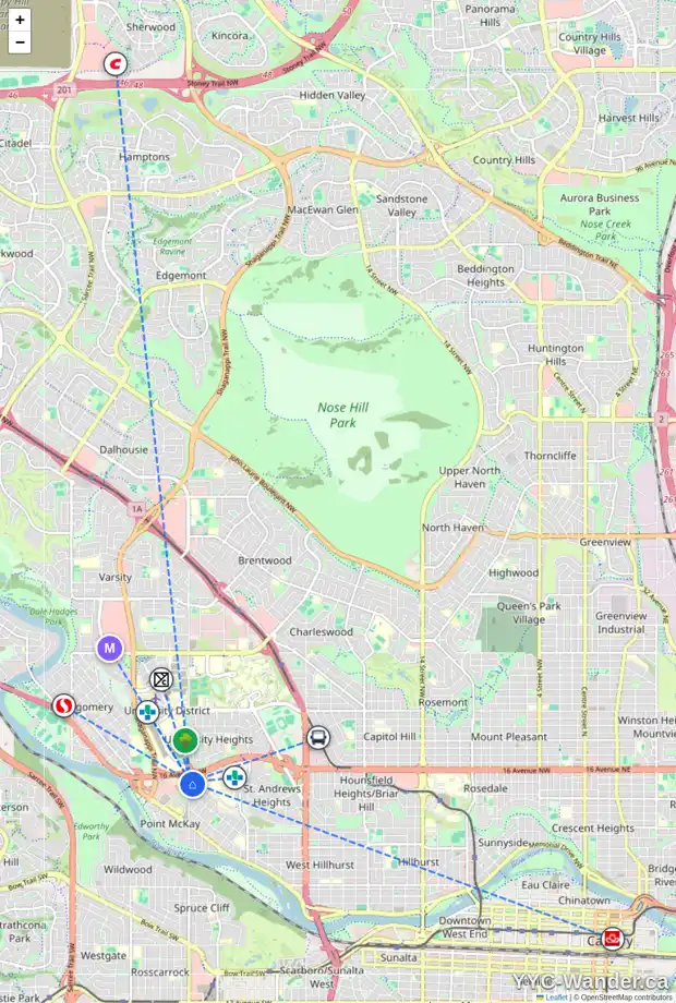 Daily accessibility map for 3720 8 AV NW, Calgary showing nearby schools, grocery stores, parks, LRT stations and nearby amenities