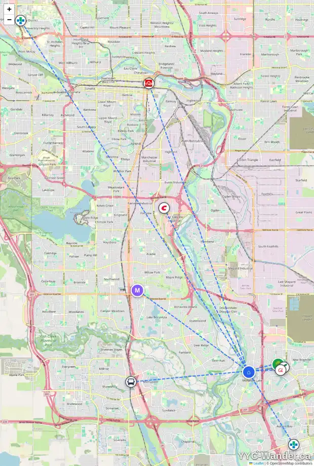 Daily accessibility map for 214 MT MCKENZIE GD SE, Calgary showing nearby schools, grocery stores, parks, LRT stations and nearby amenities