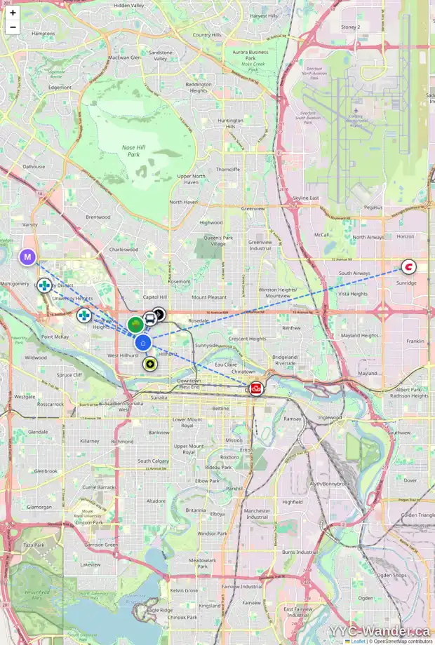 Daily accessibility map for 2021 7 AV NW, Calgary showing nearby schools, grocery stores, parks, LRT stations and nearby amenities