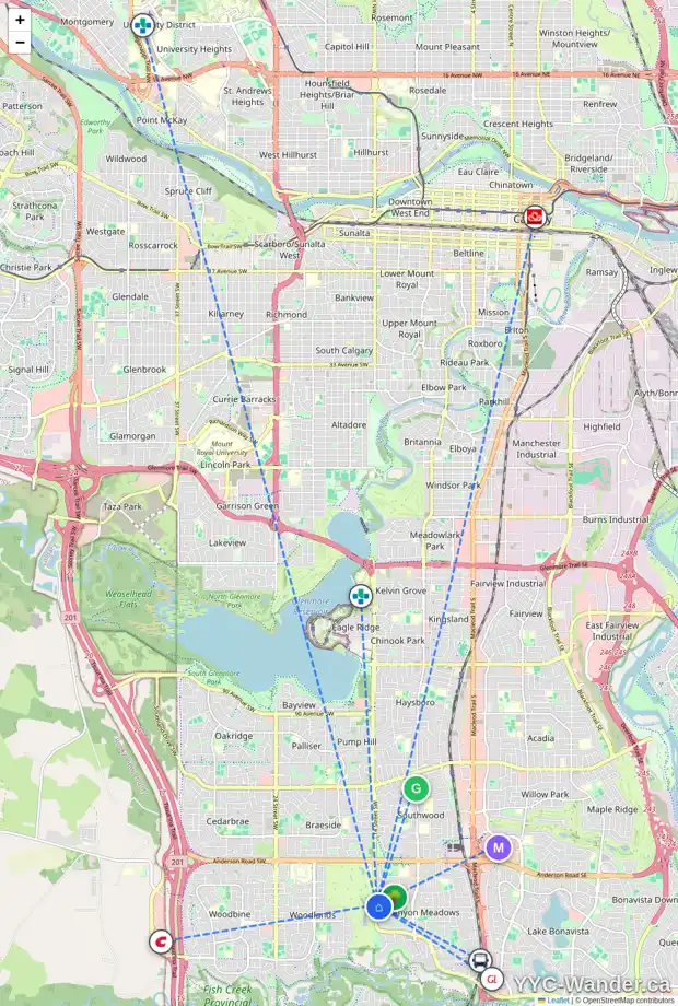 Daily accessibility map for 230 CANOVA CL SW, Calgary showing nearby schools, grocery stores, parks, LRT stations and nearby amenities