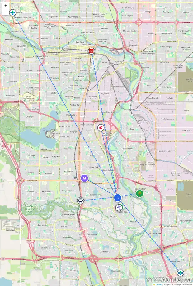 Daily accessibility map for 357 QUEENSLAND DR SE, Calgary showing nearby schools, grocery stores, parks, LRT stations and nearby amenities