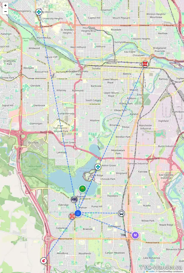 Daily accessibility map for 2403 98 AV SW, Calgary showing nearby schools, grocery stores, parks, LRT stations and nearby amenities