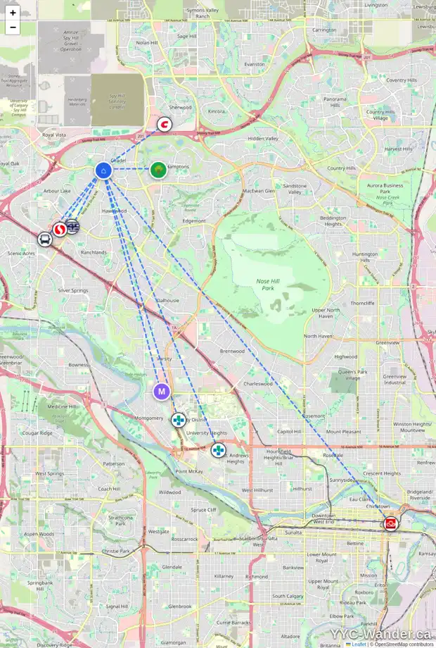 Daily accessibility map for 225 CITADEL LN NW, Calgary showing nearby schools, grocery stores, parks, LRT stations and nearby amenities
