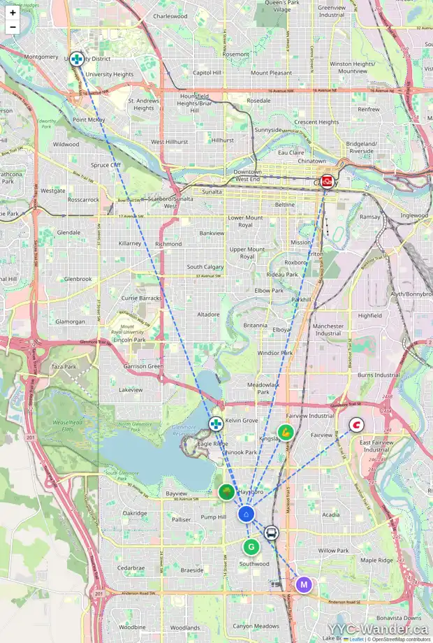 Daily accessibility map for 41 HADDOCK RD SW, Calgary showing nearby schools, grocery stores, parks, LRT stations and nearby amenities