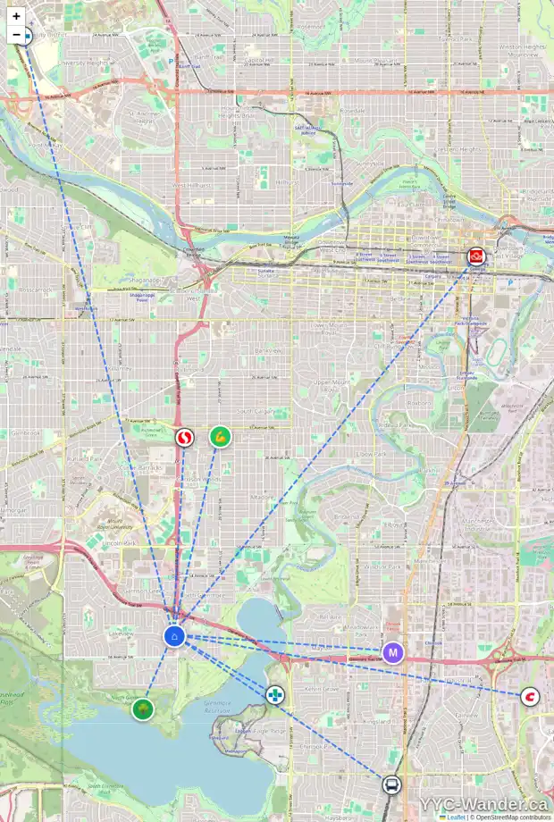 Daily accessibility map for 6316 LACOMBE WY SW, Calgary showing nearby schools, grocery stores, parks, LRT stations and nearby amenities