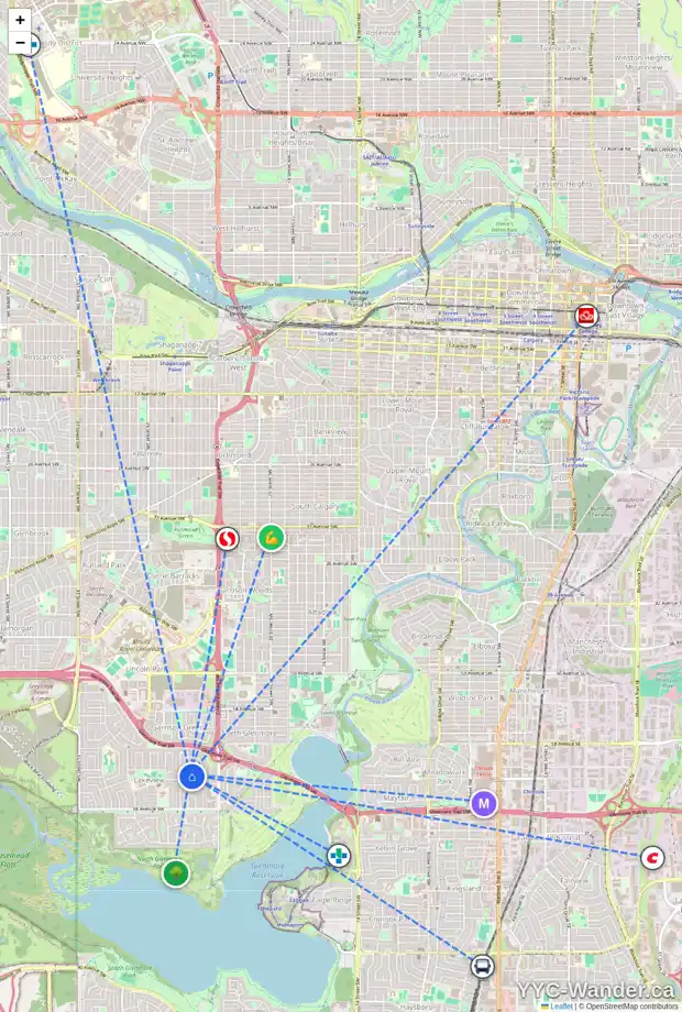 Daily accessibility map for 6328 LOUISE RD SW, Calgary showing nearby schools, grocery stores, parks, LRT stations and nearby amenities