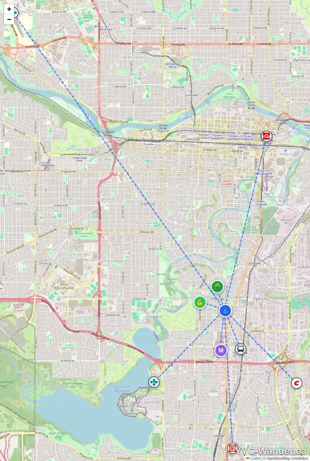 Daily accessibility map for 414 53 AV SW, Calgary showing nearby schools, grocery stores, parks, LRT stations and nearby amenities