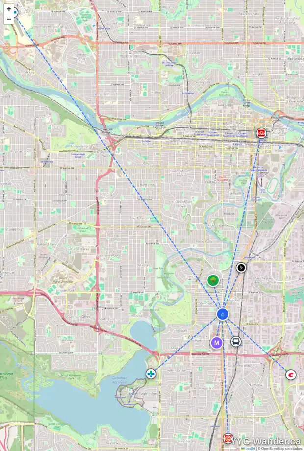 Daily accessibility map for 5609 4 ST SW, Calgary showing nearby schools, grocery stores, parks, LRT stations and nearby amenities