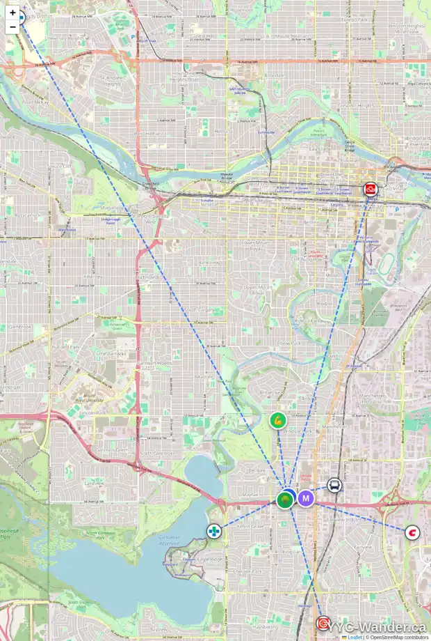 Daily accessibility map for 84 MALIBOU RD SW, Calgary showing nearby schools, grocery stores, parks, LRT stations and nearby amenities